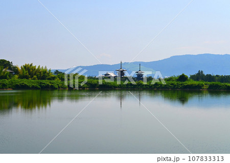 古都奈良の大池から望む世界遺産 薬師寺 107833313