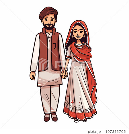 Indian couple hand-drawn comic illustration. Indian couple. Vector doodle style cartoon illustration Indian couple hand-drawn comic illustration. Indian couple. Vector doodle style cartoon illustration 107833706
