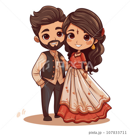 Indian couple hand-drawn comic illustration. Indian couple. Vector doodle style cartoon illustration Indian couple hand-drawn comic illustration. Indian couple. Vector doodle style cartoon illustration 107833711