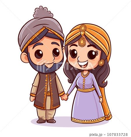 Indian couple hand-drawn comic illustration. Indian couple. Vector doodle style cartoon illustration 107833728