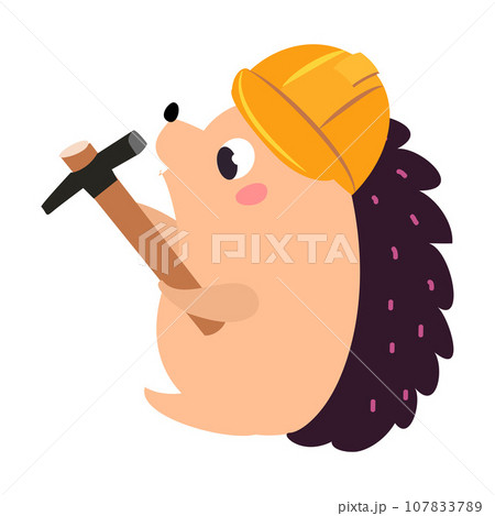 Hedgehog Builder Character in Hard Hat Holding Hammer Tool Vector Illustration 107833789
