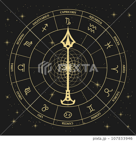 Clock with astrological zodiac signs in a mystical esoteric circle on a cosmic background. Gold and black design. Horoscope illustration, vector 107833946