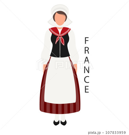 Woman in French national traditional costume. Culture and retro traditions of France. Illustration, template, vector Woman in French national traditional costume. Culture and retro traditions of France. Illustration, template, vector 107833959