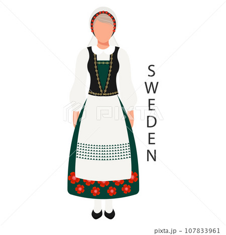 Woman in Swedish national traditional costume. Culture and retro traditions of Sweden. Illustration, template, vector Woman in Swedish national traditional costume. Culture and retro traditions of Sweden. Illustration, template, vector 107833961