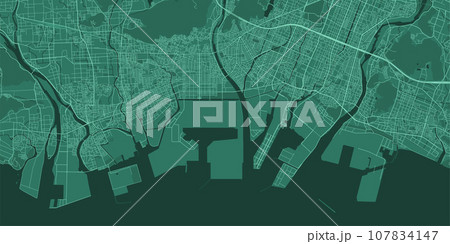 Detailed map poster of Himeji city, linear print map. Green skyline urban panorama. Decorative graphic tourist map of Himeji territory. 107834147
