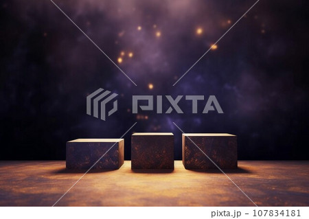 紫背景に金色の小さい丸いボケライトと三つの四角い展示台があるテンプレート。AI生成画像 107834181