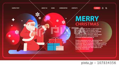 santa claus in red costume sitting on floor near gift boxes happy new year merry christmas holidays celebration concept 107834356