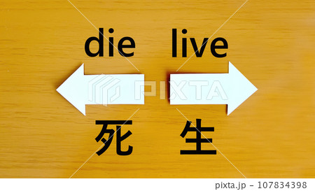 左右に向いた白い矢印と生と死の文字 左右に向いた白い矢印と生と死の文字 107834398