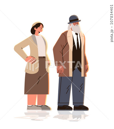 jewish man woman couple in traditional clothes israel people standing together happy hanukkah judaism religious holidays 107834401