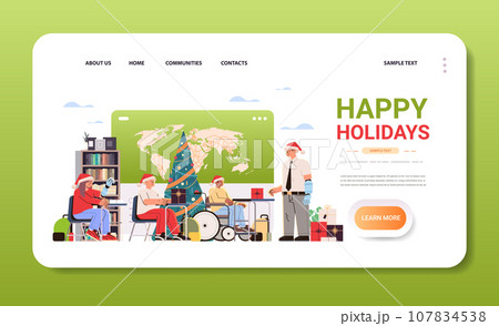 disabled students in santa claus hats with male teacher in classrom people with disabilities merry christmas holidays celebration concept 107834538