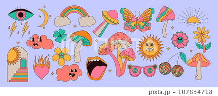 Set of vintage groovy elements. Mushrooms, sun, flower, lips, eyes, sunglasses and etc. Sticker pack in hippie 70s style. Vector illustration 107834718