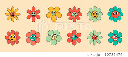 Set of 70s groovy daisy flowers with funny faces in Hippie retro style. Vector illustration Set of 70s groovy daisy flowers with funny faces in Hippie retro style. Vector illustration 107834764