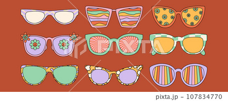 Retro groovy sunglasses set in retro hippie style. Vector illustrations Retro groovy sunglasses set in retro hippie style. Vector illustrations 107834770