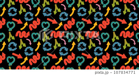 Colorful playful arrows in trendy style with vector texture. Direction indicators seamless pattern. 107834771