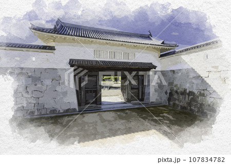 水彩画風　赤穂城　本丸櫓門　兵庫県赤穂市 107834782