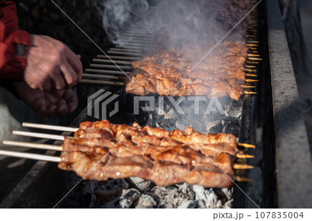 A lot of juicy meat kebabs in a row on the grill. Meat pieces strung on wooden skewers on the grill. The process of cooking kebabs with a lot of smoke. Cooking in nature 107835004