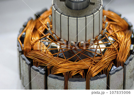 Closeup scene the copper wiring on the rotator parts of electric motor. 107835006