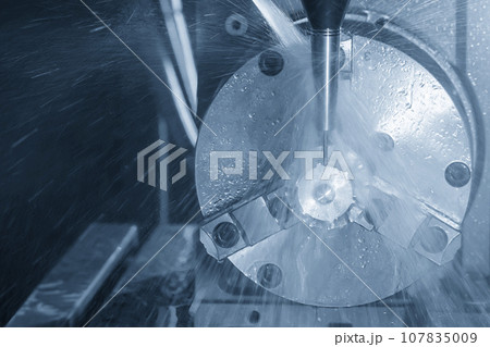 The 5-axis CNC milling machine  cutting the turbocharger part with solid ball end mill tool. 107835009