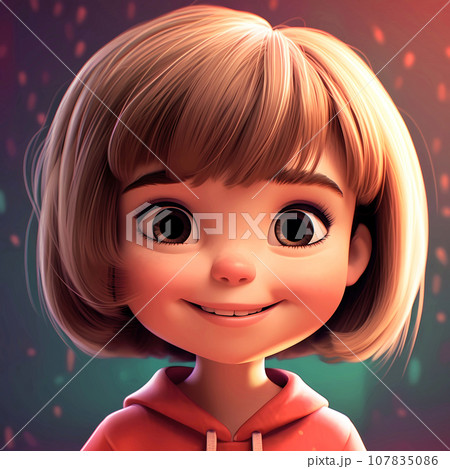Portrait of adorable little smiling girl. 3d children's book illustration. Happy children. 107835086