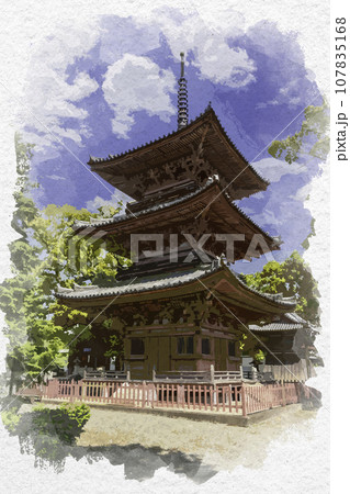 水彩画風　斑鳩寺　三重塔　兵庫県揖保郡太子町 107835168