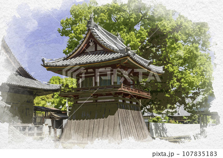 水彩画風　斑鳩寺　鐘楼　兵庫県揖保郡太子町 107835183