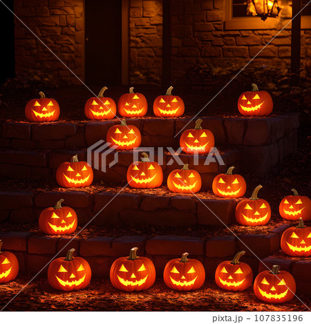 Halloween realistic Pumpkin house background with spooky pumpkin jack o lantern in a dark moody forest 107835196