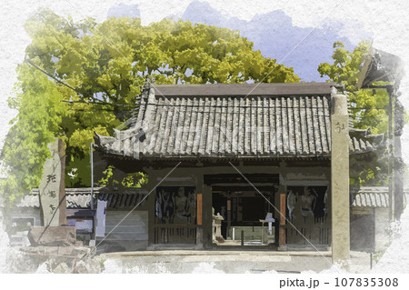 水彩画風　斑鳩寺　仁王門　兵庫県揖保郡太子町 107835308