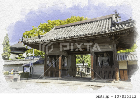 水彩画風　斑鳩寺　仁王門　兵庫県揖保郡太子町 107835312
