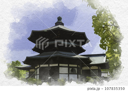 水彩画風　斑鳩寺　聖徳殿後殿　奥殿　兵庫県揖保郡太子町 107835350