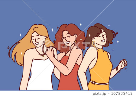 Three dancing women in evening dresses participate in birthday party or dance festival 107835415