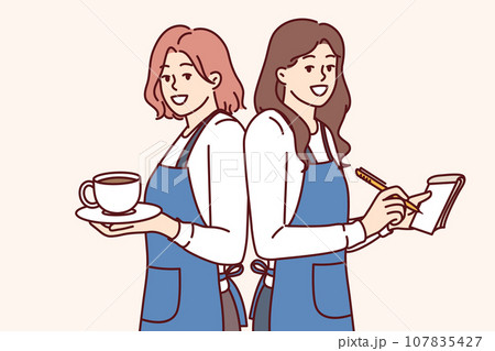 Happy woman waitresses smiling holding coffee and notepad for writing restaurant customer orders 107835427