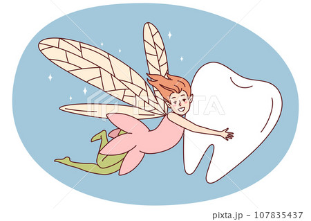 Smiling fairy flying with tooth Smiling fairy flying with tooth 107835437