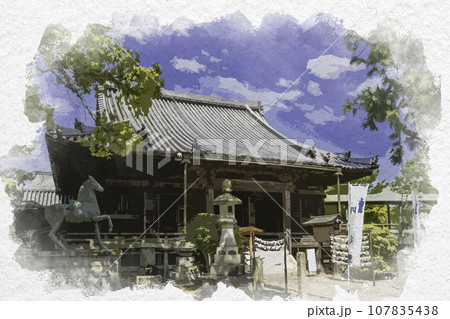 水彩画風　斑鳩寺　聖徳殿前殿　兵庫県揖保郡太子町 107835438