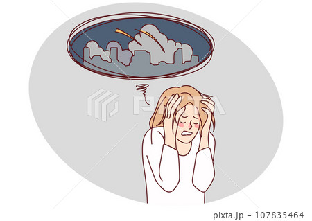 Unhappy woman stressed about rocket attacks on city Unhappy woman stressed about rocket attacks on city 107835464