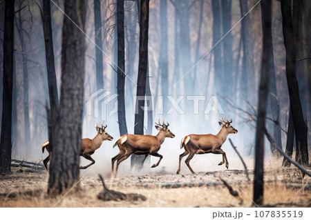 Deer are running from the burning forest. 107835519