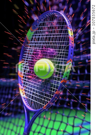 Tennis ball hits the racket net. 107835672