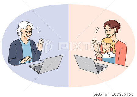 Happy family have webcam conversation on computer 107835750
