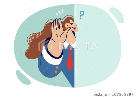 Curious woman eavesdrops on conversations of colleagues, peeking around corner to find out secrets Curious woman eavesdrops on conversations of colleagues, peeking around corner to find out secrets 107835897