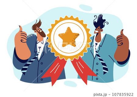 Two business men partners near medal for first place in professional competitions, showing thumbs up Two business men partners near medal for first place in professional competitions, showing thumbs up 107835922