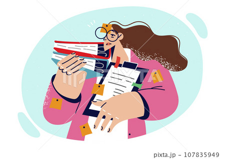 Busy woman with paperwork and sticky notes needs help with paperwork or learning time management 107835949