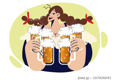 Woman waiter carries mugs filled with foaming beer and smiles, inviting guests to new bar or tavern Woman waiter carries mugs filled with foaming beer and smiles, inviting guests to new bar or tavern 107836045