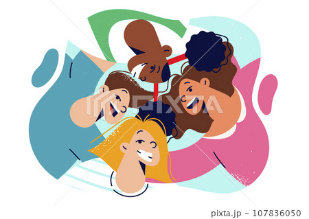 Cheerful children laugh standing in circle, receiving positive emotions from walk together 107836050