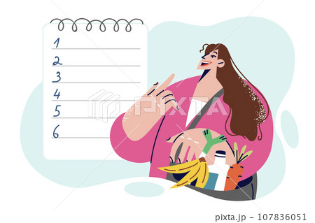 Woman with groceries in bag looks at blank numbered list symbolizing diet food shopping plan 107836051