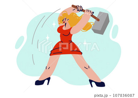 Woman blacksmith in luxurious dress holds giant sledgehammer and swings it to strike Woman blacksmith in luxurious dress holds giant sledgehammer and swings it to strike 107836087