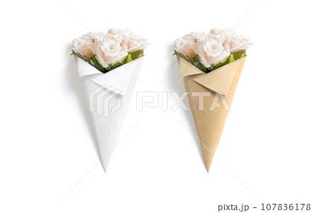 Blank craft and white flowers packaging cone mockup, top view 107836178
