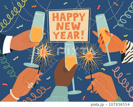 Happy New Year greeting card with human hands holding champagne glasses Happy New Year greeting card with human hands holding champagne glasses 107836554