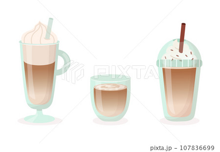 Set of coffee dessert drinks in flat style on isolated background. Latte, cappuccino, mocha. Vector illustration Set of coffee dessert drinks in flat style on isolated background. Latte, cappuccino, mocha. Vector illustration 107836699