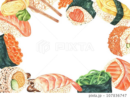 Sushi frame border. Watercolor illustration of Japanese food. Hand drawn isolated on a white background. Drawing of Asian cuisine for restaurant menu design. Painting of seafood for card template 107836747