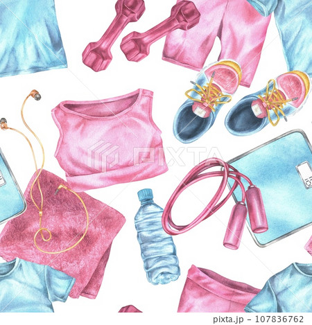 Fitness for women seamless pattern. Watercolor illustration of pink sports wear and equipment. Hand drawn exercise tool on white background. Drawing of dumbbell and skipping rope Fitness for women seamless pattern. Watercolor illustration of pink sports wear and equipment. Hand drawn exercise tool on white background. Drawing of dumbbell and skipping rope 107836762