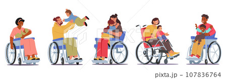Loving Scenes With Disabled Parents In A Wheelchair, Sharing Tender Moments With Their Little Children, Vector Loving Scenes With Disabled Parents In A Wheelchair, Sharing Tender Moments With Their Little Children, Vector 107836764